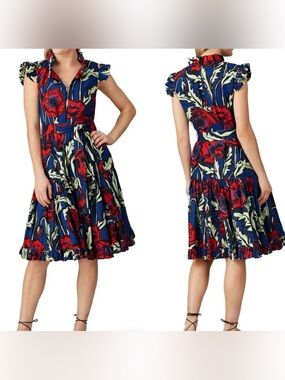 La DoubleJ Short and Sassy Floral Ruffle Belted Midi Dress Collared Sz M